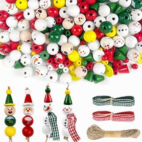 180 Pcs Christmas Wood Beads with Twine Santa Gingerbread Man Snowman Wooden Beads Christmas DIY Craft Round Wooden Beads Garland for Christmas Winter Party Farmhouse Decor