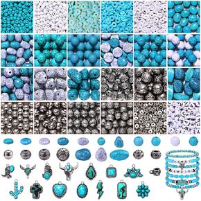 1800PCS+ Western Beads Charms for Jewelry Making Turquoise Clay Heishi Beads Round Beads Vintage Cactus Flower Lightning Boot Cow-head Charms for Western Bracelet Making DIY Crafts (Turquoise 1)