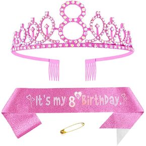 Pink 8th Birthday Sash for Girls Birthday Princess Crown Queen Tiara Rhinestone Birthday Headbands Birthday Girl Sash Happy Birthday Decorations for Girls 8 Year Old Birthday Party Supplies