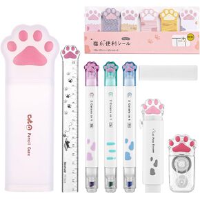9 Pcs Cute Cat Paw Stationery Set Kawaii School Office Supplies Including Eraser Correction Tape Highlighters Sticky Notes Ruler for Cat Lovers Students (Pink)