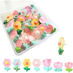 ALLUREVIE 21 Pcs Flower Push Pins Decorative Push Pins Fun Push Pins Cute Thumb Tacks Flower Push Pins Head Thumbtack Push Pins for Cork Board, Kitchen, Photo Wall, Bulletin Board