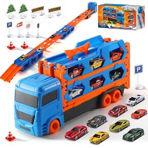 Transport Truck Toy Toddler Car Carrier for Boys Girls, 9 in 1 Race Track and Die-Cast Truck Baby Race Car Toy Vehicles for 3 + Year Old Kids