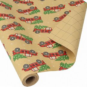 CAMKUZON Kraft Christmas Wrapping Paper Roll with Cutlines on Reverse - Vintage Red & Black Plaid Truck Design - Holiday Gift Wrap Paper, 17.4 Inch