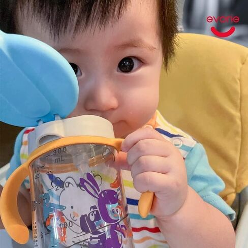 Evorie Tritan Toddler Sippy Cup with Silicone Straw, Spill-Proof Straw Water Bottle for Kids 1-4 Years Old, 10 oz, Removable Handles, Ideal for School in Kuwait