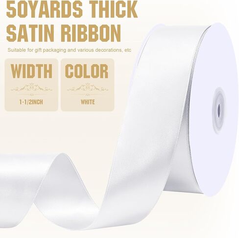 شريط أبيض 1 1/2 بوصة شريط من الساتان مزدوج الوجه لتغليف الهدايا باقة زهور ديكور حفلات الزفاف in Kuwait