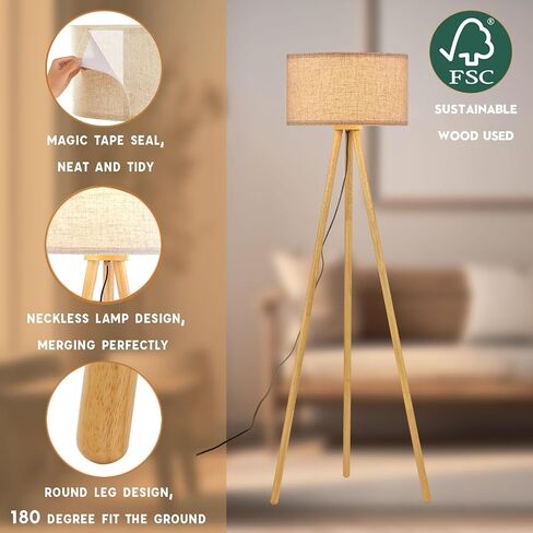 BTP Wood Tripod Floor Lamp for Living Room, 3 Color Temparature Bulb Included, Mid Century Modern Wooden Floor lamp with Linen Shade for Bedroom, Office, ETL Listed Walnut Wood Color in Kuwait