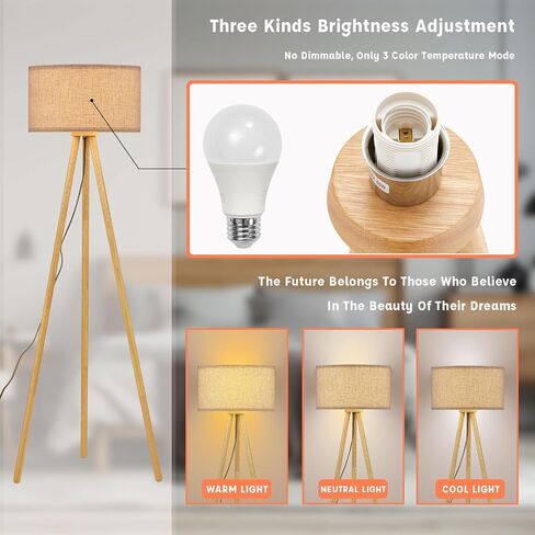 BTP Wood Tripod Floor Lamp for Living Room, 3 Color Temparature Bulb Included, Mid Century Modern Wooden Floor lamp with Linen Shade for Bedroom, Office, ETL Listed Walnut Wood Color in Kuwait