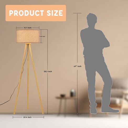 BTP Wood Tripod Floor Lamp for Living Room, 3 Color Temparature Bulb Included, Mid Century Modern Wooden Floor lamp with Linen Shade for Bedroom, Office, ETL Listed Walnut Wood Color in Kuwait