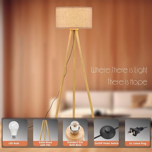 BTP Wood Tripod Floor Lamp for Living Room, 3 Color Temparature Bulb Included, Mid Century Modern Wooden Floor lamp with Linen Shade for Bedroom, Office, ETL Listed Walnut Wood Color in Kuwait