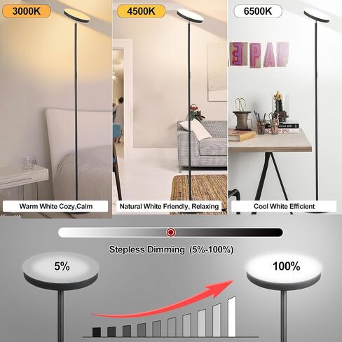 Floor Lamp, 36W/3000LM Super Bright LED Modern Tall Standing Lamp, 3 Color Temperatures Torchiere Sky Lamps, Dimmable Reading Light, Remote & Touch Control for Living Room, Bedroom, Office in Saudi Arabia