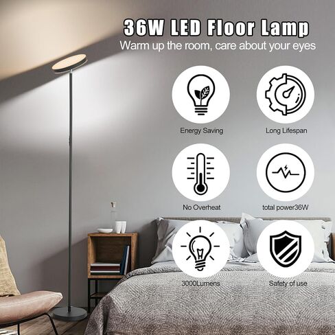 Floor Lamp, 36W/3000LM Super Bright LED Modern Tall Standing Lamp, 3 Color Temperatures Torchiere Sky Lamps, Dimmable Reading Light, Remote & Touch Control for Living Room, Bedroom, Office in Saudi Arabia