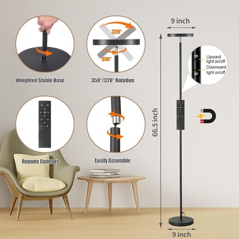 Floor Lamp, 36W/3000LM Super Bright LED Modern Tall Standing Lamp, 3 Color Temperatures Torchiere Sky Lamps, Dimmable Reading Light, Remote & Touch Control for Living Room, Bedroom, Office in Saudi Arabia