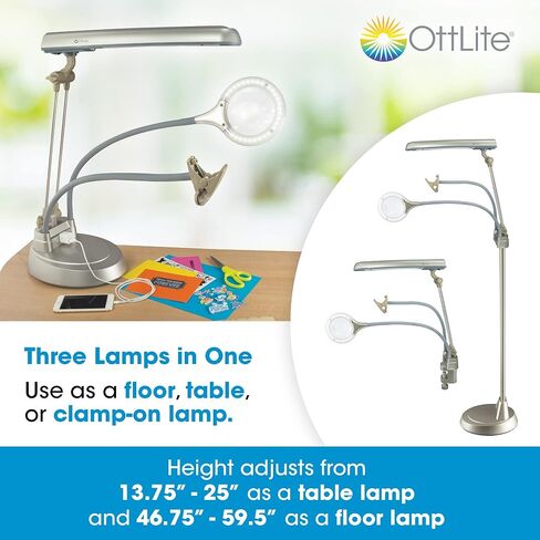 OttLite Ultimate 3-in-1 Craft Lamp, (Floor, Table and Clamp-On Lamp) 24w Energy Efficient Light Bulb for Bright Natural Daylight - Built-in Outlet, Adjustable Neck, 2X Magnifier & Versatile Height in Saudi Arabia