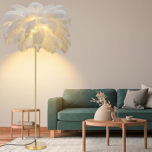 Feather Lamp, Natural Ostrich Feather Floor Lamp for Living Room, 63in Height, 3 Color Temperatures Bright LED Bulbs, Modern Funky Tall Lamp Standing Light for Bedroom (White) in Saudi Arabia