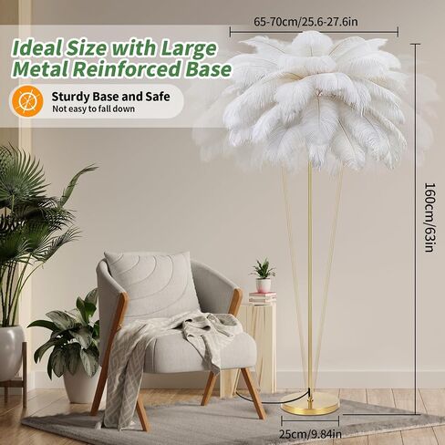 Feather Lamp, Natural Ostrich Feather Floor Lamp for Living Room, 63in Height, 3 Color Temperatures Bright LED Bulbs, Modern Funky Tall Lamp Standing Light for Bedroom (White) in Saudi Arabia