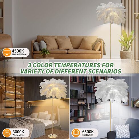 Feather Lamp, Natural Ostrich Feather Floor Lamp for Living Room, 63in Height, 3 Color Temperatures Bright LED Bulbs, Modern Funky Tall Lamp Standing Light for Bedroom (White) in Saudi Arabia