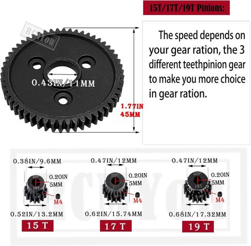 54T Spur Gear 0.8h(32-Pitch) تروس نقل الحركة مع 15T/17T/19T ترس ترقيات جزء لـ 1/10 Slash/Rustler/Stampede 4x4 VXL، تروس نقل معدنية in Saudi Arabia
