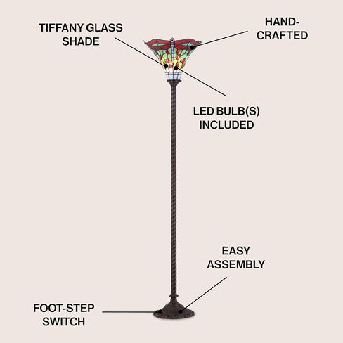 JONATHAN Y JYL8002B Dragonfly Tiffany-Style 71" مصباح أرضي Torchiere، تيفاني، تقليدي، طراز فن الآرت نوفو، أنيق، مكتب، غرفة المعيشة، غرفة عائلية، غرفة طعام، غرفة نوم، بهو، برونزي/أخضر in Saudi Arabia