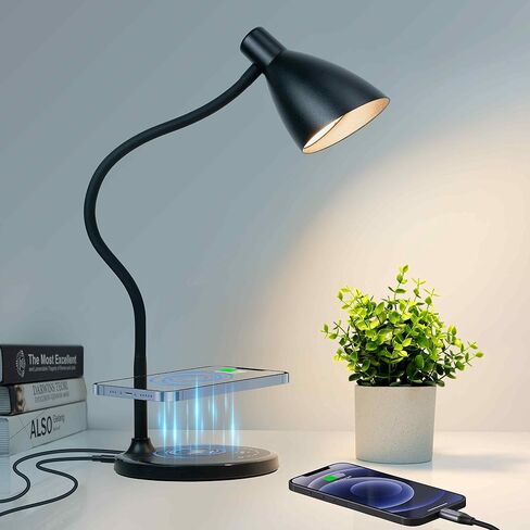 Desk Lamp with Wireless Charger, 12W 1000LM Touch Dimmable Reading Lamp with USB Charging Port, 5 Colors 6 Brightness Eye Care Bedside Table Lamp Gooseneck Desk Light for Home Office in Saudi Arabia