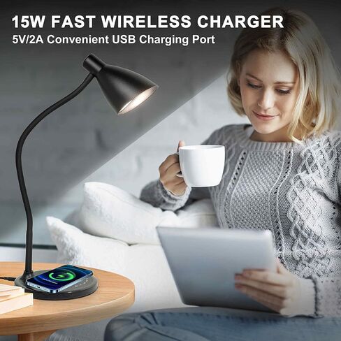 Desk Lamp with Wireless Charger, 12W 1000LM Touch Dimmable Reading Lamp with USB Charging Port, 5 Colors 6 Brightness Eye Care Bedside Table Lamp Gooseneck Desk Light for Home Office in Saudi Arabia