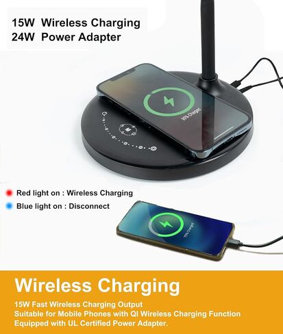 Desk Lamp with Wireless Charger, 12W 1000LM Touch Dimmable Reading Lamp with USB Charging Port, 5 Colors 6 Brightness Eye Care Bedside Table Lamp Gooseneck Desk Light for Home Office in Saudi Arabia