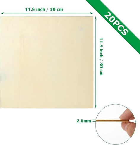 Basswood Sheets 12x12 Inch Unfinished Square Wood Pieces for Crafting 3mm Plywood Board 1/8" Thin Wooden Sheets Wood Slices Natural Wood Planks for Craft DIY Arts Project Painting Pyrography (20) in Saudi Arabia