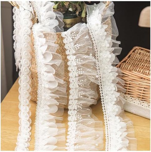 Scalloped Pearl Lace Organza White Lace Trim with Pearls - Perfect for Embellishing Clothing Home Decor in Saudi Arabia