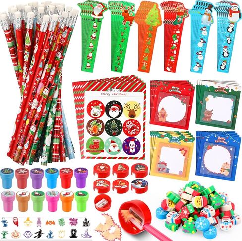 PerKoop 336 جهاز كمبيوتر شخصي لحفلات عيد الميلاد للأطفال، 48 مجموعة من قرطاسية عيد الميلاد تتضمن مسطرة قلم رصاص لعيد الميلاد ومبراة وممحاة وملصق ختم لحشو تخزين هدايا الفصل الدراسي in Kuwait