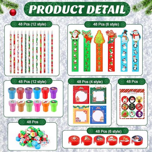 PerKoop 336 جهاز كمبيوتر شخصي لحفلات عيد الميلاد للأطفال، 48 مجموعة من قرطاسية عيد الميلاد تتضمن مسطرة قلم رصاص لعيد الميلاد ومبراة وممحاة وملصق ختم لحشو تخزين هدايا الفصل الدراسي in Kuwait