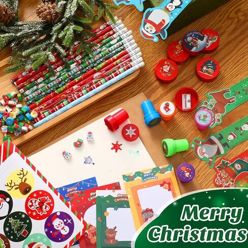 PerKoop 336 جهاز كمبيوتر شخصي لحفلات عيد الميلاد للأطفال، 48 مجموعة من قرطاسية عيد الميلاد تتضمن مسطرة قلم رصاص لعيد الميلاد ومبراة وممحاة وملصق ختم لحشو تخزين هدايا الفصل الدراسي in Kuwait