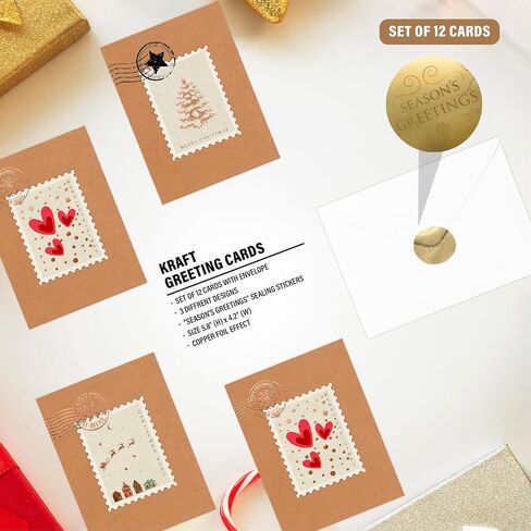 easykart labels 12 Christmas Greeting Cards with Foiling on Kraft Paper with Envelopes,5.75 x 4.25 Inch Merry Christmas Cards with Seal Stickers for Friends, Family and Loved Ones in Kuwait