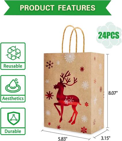 U-PTY 24PCS Christmas Paper Gift Bags with Handles for Holiday Treats and Party Supplies in Saudi Arabia