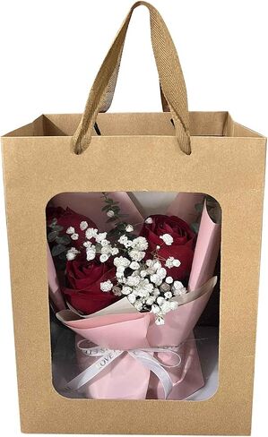 12 Pcs Brown Paper Gift Bags with Transparent Window, 9.84"x7.0"x5.12" Kraft Shopping Bags with Handles for Present, Festivals Party in Saudi Arabia