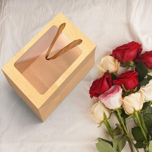 12 Pcs Brown Paper Gift Bags with Transparent Window, 9.84"x7.0"x5.12" Kraft Shopping Bags with Handles for Present, Festivals Party in Saudi Arabia