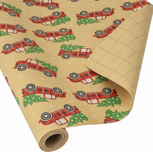 CAMKUZON Kraft Christmas Wrapping Paper Roll with Cutlines on Reverse - Vintage Red & Black Plaid Truck Design - Holiday Gift Wrap Paper, 17.4 Inch in Saudi Arabia