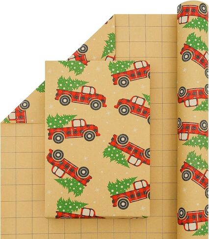 CAMKUZON Kraft Christmas Wrapping Paper Roll with Cutlines on Reverse - Vintage Red & Black Plaid Truck Design - Holiday Gift Wrap Paper, 17.4 Inch in Saudi Arabia