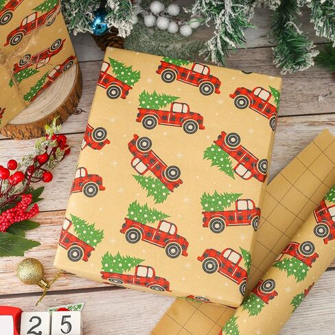 CAMKUZON Kraft Christmas Wrapping Paper Roll with Cutlines on Reverse - Vintage Red & Black Plaid Truck Design - Holiday Gift Wrap Paper, 17.4 Inch in Saudi Arabia