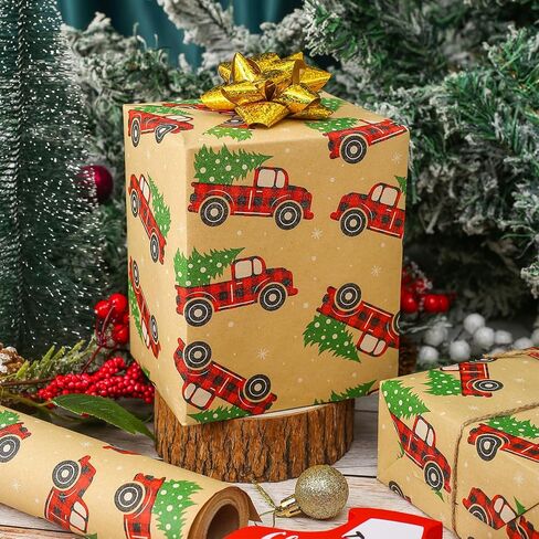 CAMKUZON Kraft Christmas Wrapping Paper Roll with Cutlines on Reverse - Vintage Red & Black Plaid Truck Design - Holiday Gift Wrap Paper, 17.4 Inch in Saudi Arabia