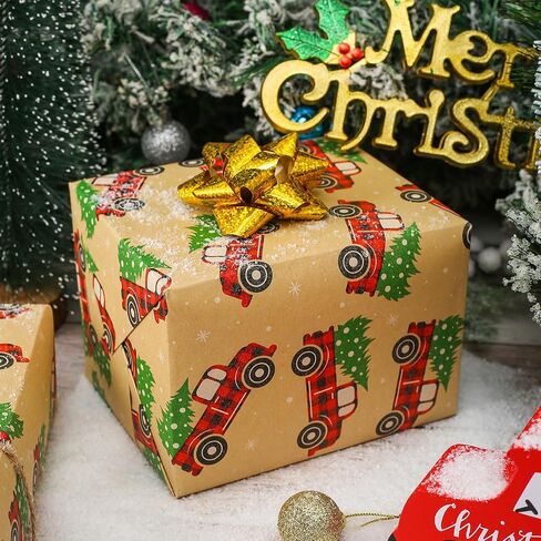 CAMKUZON Kraft Christmas Wrapping Paper Roll with Cutlines on Reverse - Vintage Red & Black Plaid Truck Design - Holiday Gift Wrap Paper, 17.4 Inch in Saudi Arabia