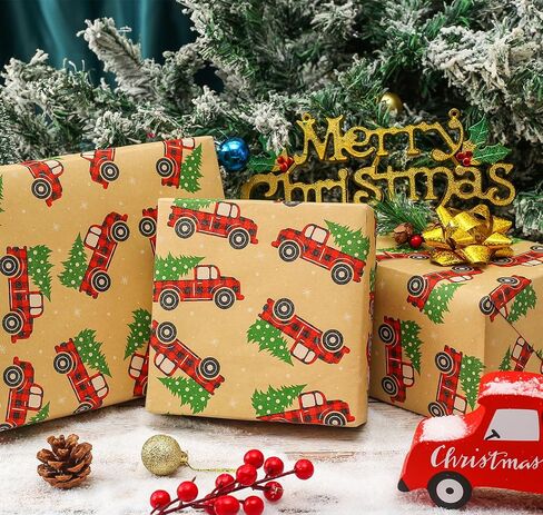 CAMKUZON Kraft Christmas Wrapping Paper Roll with Cutlines on Reverse - Vintage Red & Black Plaid Truck Design - Holiday Gift Wrap Paper, 17.4 Inch in Saudi Arabia