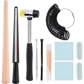 11 Pieces US UK Ring Mandrel Set, Ring Sizer Tools, Wood Ring Mandrel, Ring Sizer, Rubber Hammer, Plastic Ring Sizer Gauge, Buffing Bars, Polished Agate, Jewelry Cleaning Cloth