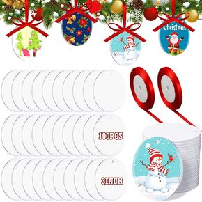 Soaoo 100 Pcs Sublimation Ceramic Ornament Bulk 3 Inch White Oval Blanks Ceramic Christmas Ornaments with 2 Roll Red Ribbon DIY Blank Hanging Ornaments Xmas Tree Personalized Decorations