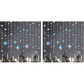 Iridescent Party Decorations Star Circle Dot Paper Garland Banner Bunting Streamer Metallic Hanging Twinkle Star Decoration for Kids Birthday Baby Shower Wedding Festival Engagement Bling Bling Decor