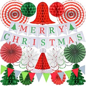 Ahfulife Christmas Party Decorations Supplies Set, Reusable Christmas Decor Kit Indoor - Merry Christmas Sign Banner for Home, Christmas Pennant Banner, Xmas Hanging Paper Tissue Fan Tree Garland