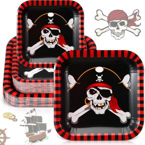 100 Pack 2 Size Pirate Party Paper Plates Set 7 in 9 in Disposable Halloween Pirate Dessert Plates Pirate Crossbone Skull Party Dinnerware Supplies Birthday Party Decoration, Serve 50 Guests