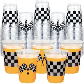 peony man 50 Pcs Checkered Racing Party Plastic Cups 16 oz White Black Checkered Flag Clear Cups Disposable Race Car Drinking Cups for Race Car Party Sports Themed Birthday Party Favors Supplies