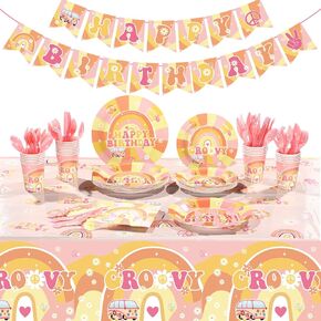 189 Pcs Two Groovy Birthday Party Tableware Set, Groovy Boho Hippie Daisy Tablecloth 24 Guests Dinner Plates Dessert Plates Cups and Napkins for Girl Retro Rainbow Boho Party Decorations Supplies