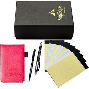 PU Leather Mini Pocket Notepad Holder Set in Gift Box, Inside Pocket Notebook with 30 Lined Memo Sheets White, 7 Book Refills (3 White and 4 Yellow), 2 Pens Elegant and Multifunction (Blue)