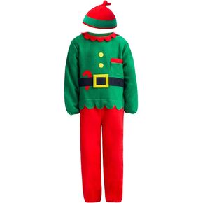 IKALI Kids Christmas Santa Elf Costume, Xmas Jumpsuit with Hat Fancy Dress Outfit for Boys 3-10 Years