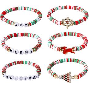 6pcs Christmas Bracelet, 6 Styles Stackable Xmas Bracelets Cute Clay Letter Beaded Stretch Festive Wristband Christmas Snowflake Jewelry Party Favors for Women Costume Holiday Accessories